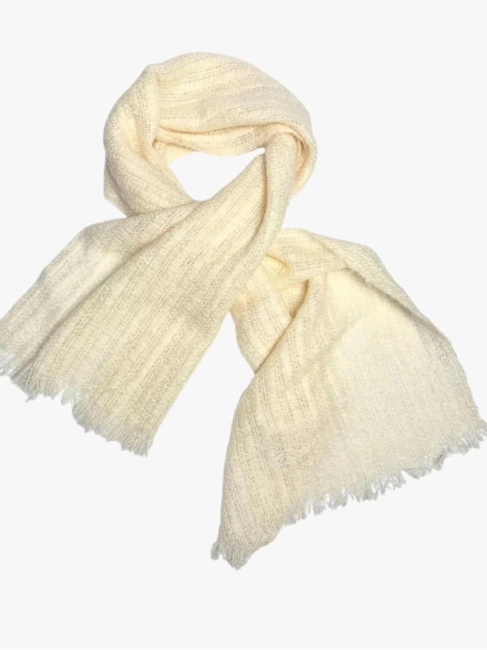 Donegal Design Ireland Large Oblong Scarf Mohair Wool Ivory Handwoven Fringe - Picture 2 of 8
